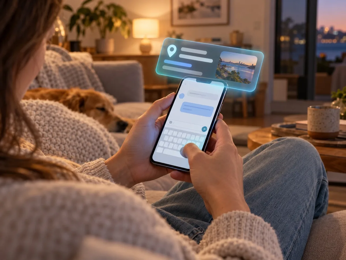 Gold Coast homeowner asking an AI assistant on her phone to recommend a local tradie