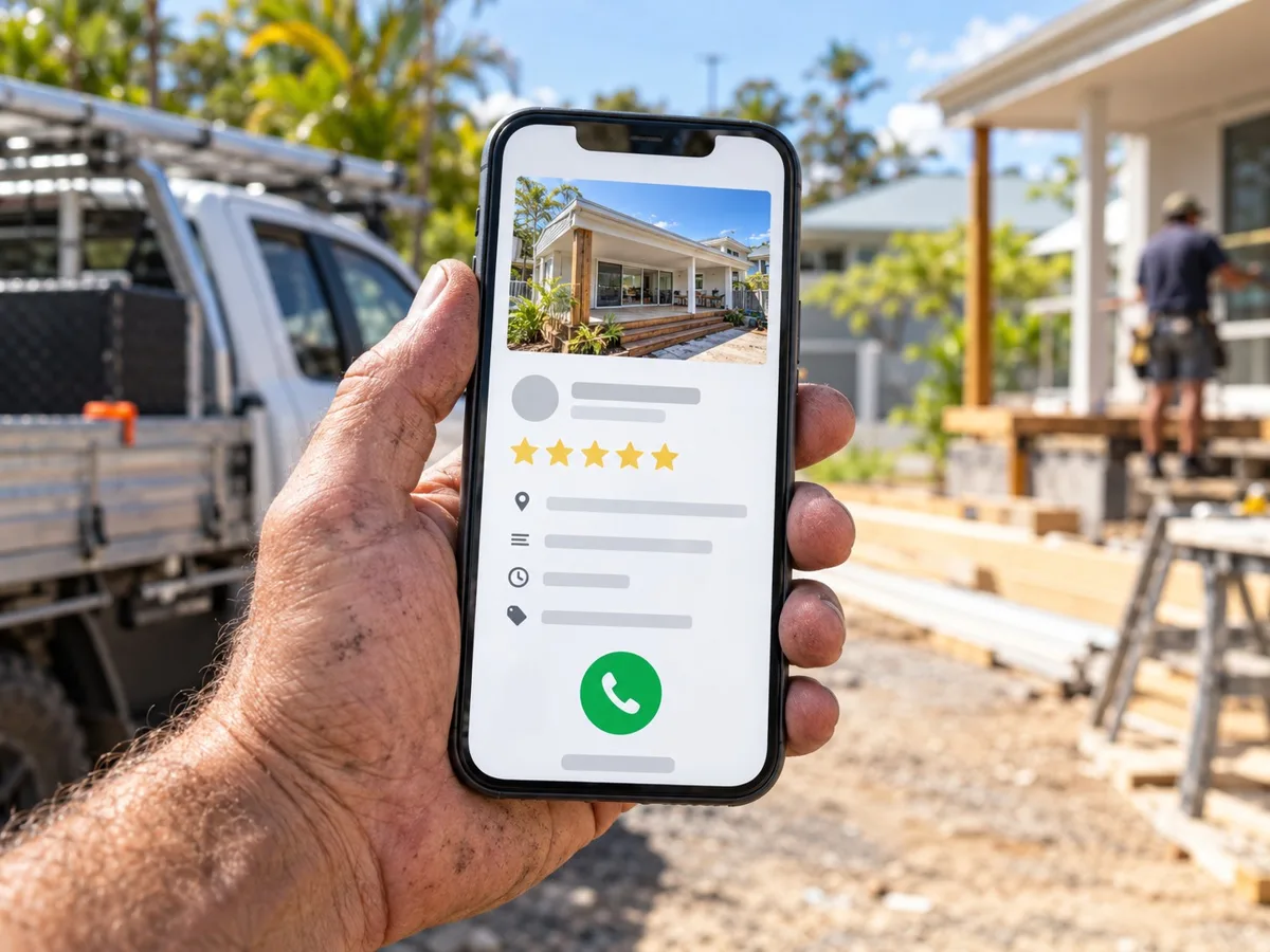 Tradie holding a phone showing a Google Business Profile with five-star reviews and a call button on a building site