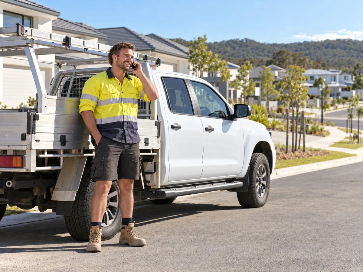 Gold Coast tradie in hi-vis taking a customer call next to his ute in a northern Gold Coast street