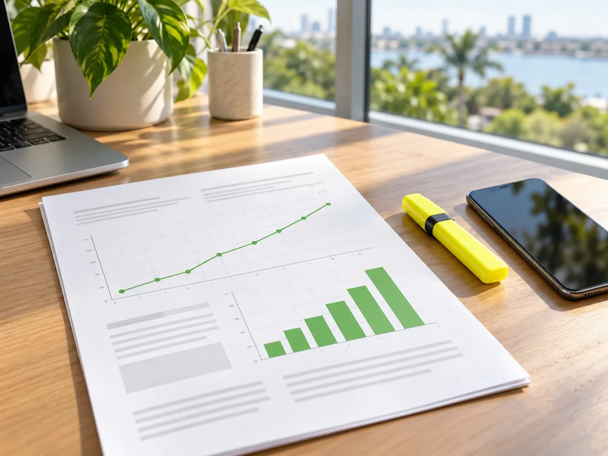 Printed local SEO ranking report showing growing calls on a desk with a Gold Coast skyline view