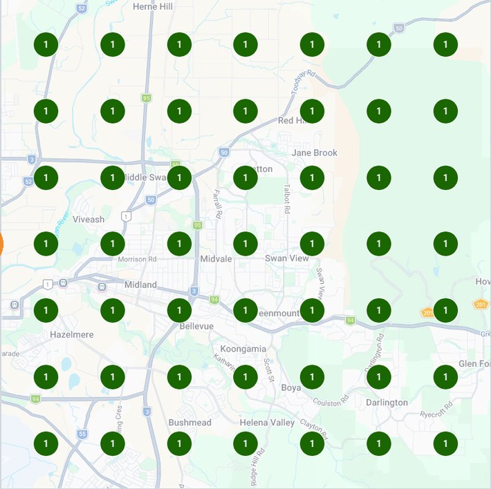 perth plumber case study: Perth plumber Google Maps ranking grid, 28 August 2026, number 1 at all 49 points