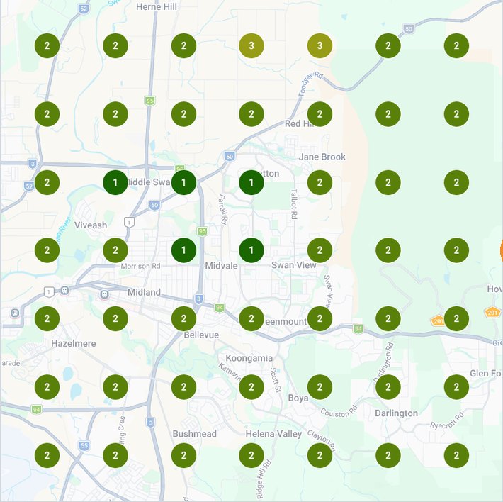 perth plumber case study: Perth plumber Google Maps ranking grid, 24 July 2026, number 1 at 5 of 49 points