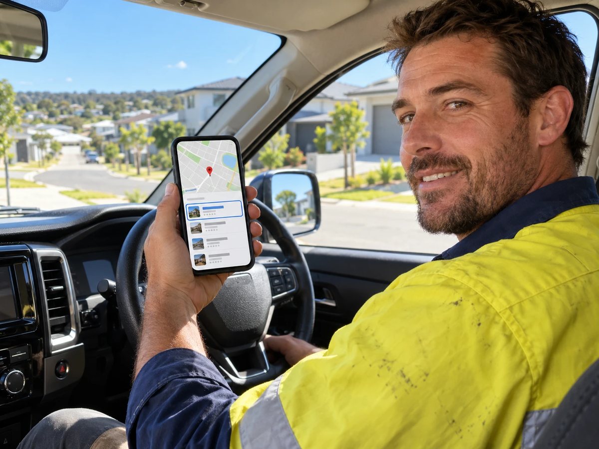 Ormeau tradie checking his Google Maps ranking on a smartphone in his ute