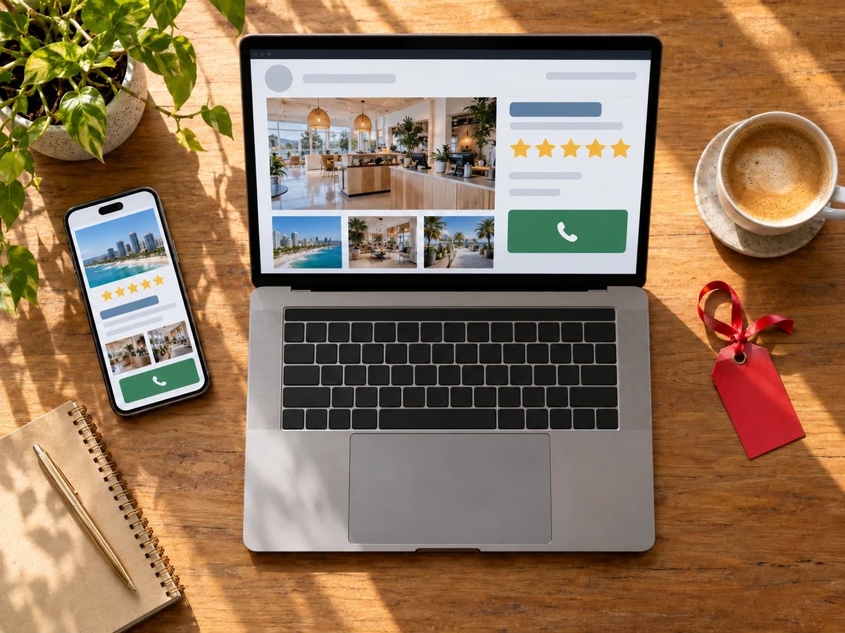 Laptop showing a five star Google Business Profile with a gift tag for the half price first month offer