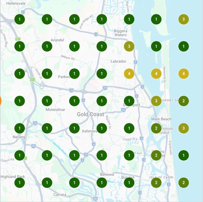 google maps ranking gold coast: Google Maps ranking grid, Gold Coast plumber in the top 3 at 46 of 49 points