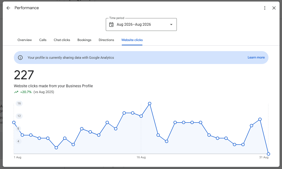 Google Business Profile performance chart: 227 website clicks in August